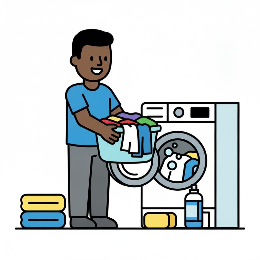 Ein Mann im blauen T-Shirt hält einen Korb mit bunter Wäsche vor einer offenen Waschmaschine, daneben liegen gefaltete Handtücher und eine Flasche Waschmittel.