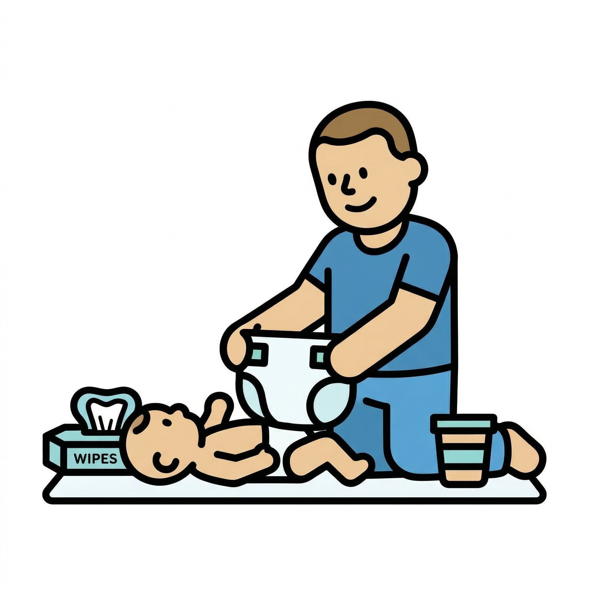 En mann kneler og skifter bleie på en liggende baby. En skitten bleie er fjernet, og våtservietter og en bøtte står ved siden av.