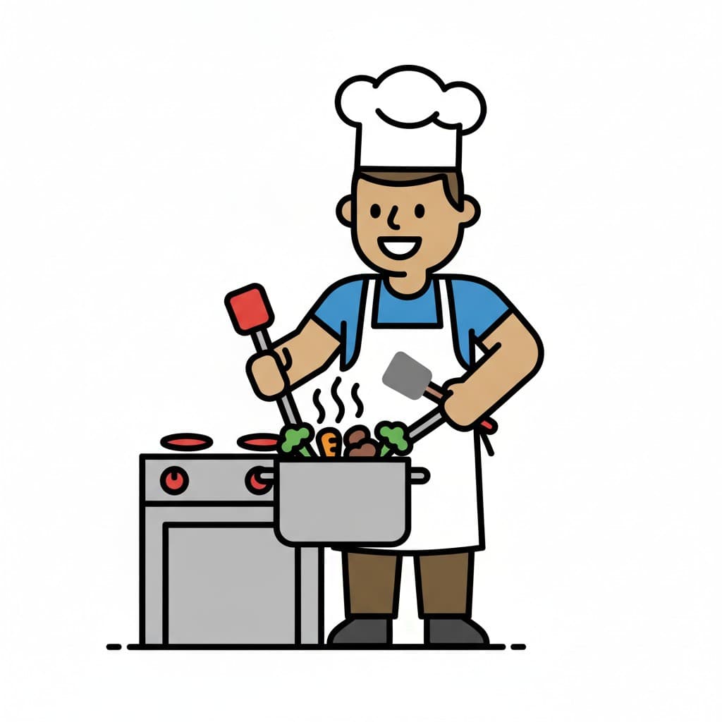 Standing at the stove in a chef hat and apron, a man holds two spatulas over a pot filled with broccoli, carrot and mushrooms.
