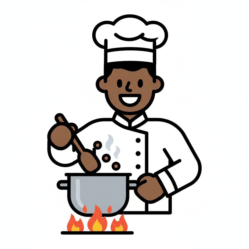 A man in a chef jacket and hat stirs a pot with a wooden spoon over open flames.