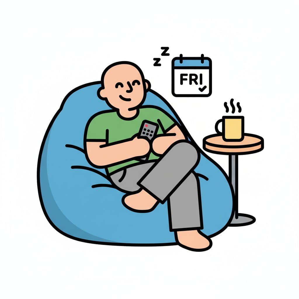 En man med rakad huvud sitter avslappnat i en saccosäck, håller en fjärrkontroll, och bredvid står en dryck på ett litet bord. En kalender visar "FRE" och Zzzz-symboler indikerar sömnighet.