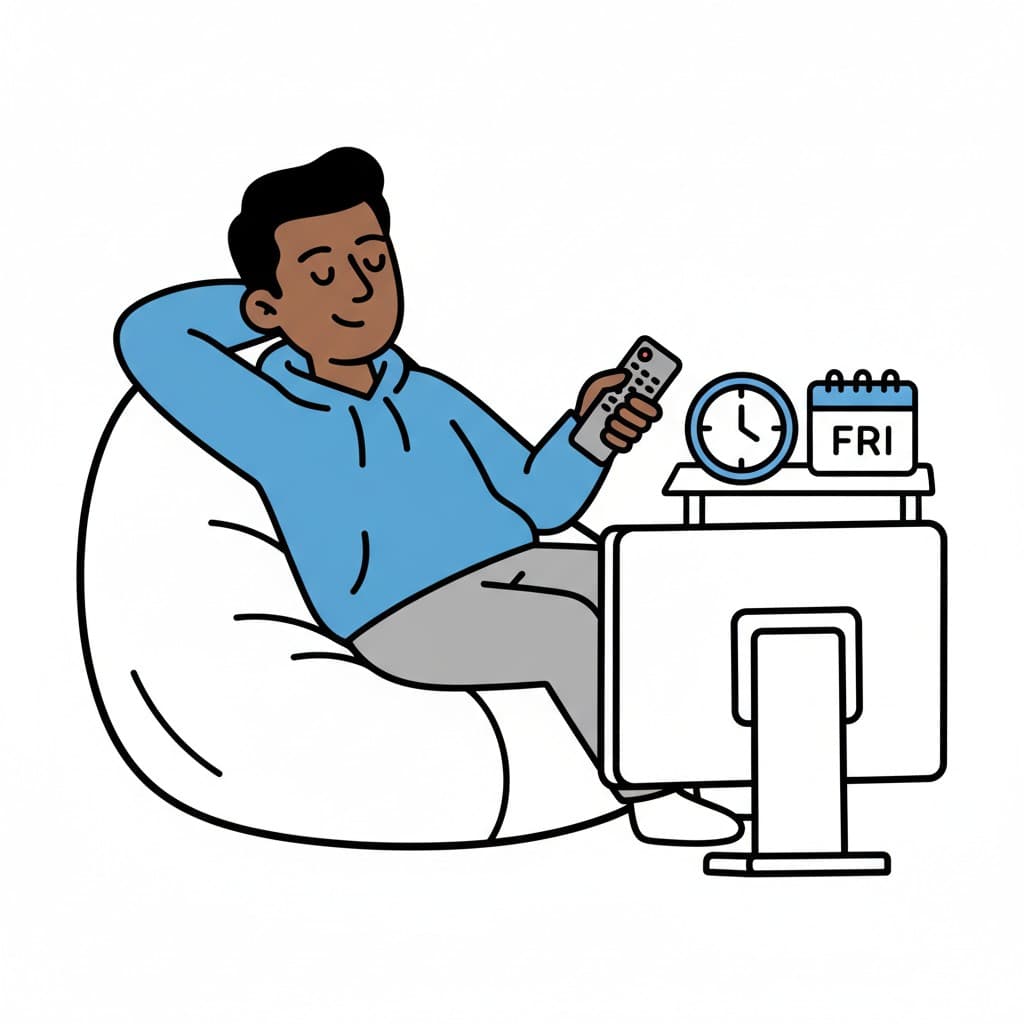 En man sitter avslappnat i en saccosäck, tittar på TV och håller en fjärrkontroll. En kalender visar "FRE".