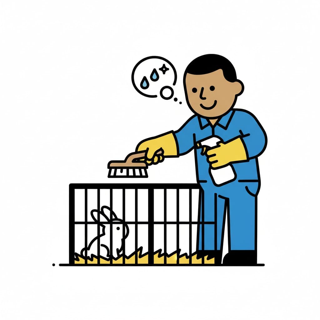 A man in a blue jumpsuit and yellow gloves cleans a rabbit cage with a brush and a spray bottle. A rabbit is inside the cage.