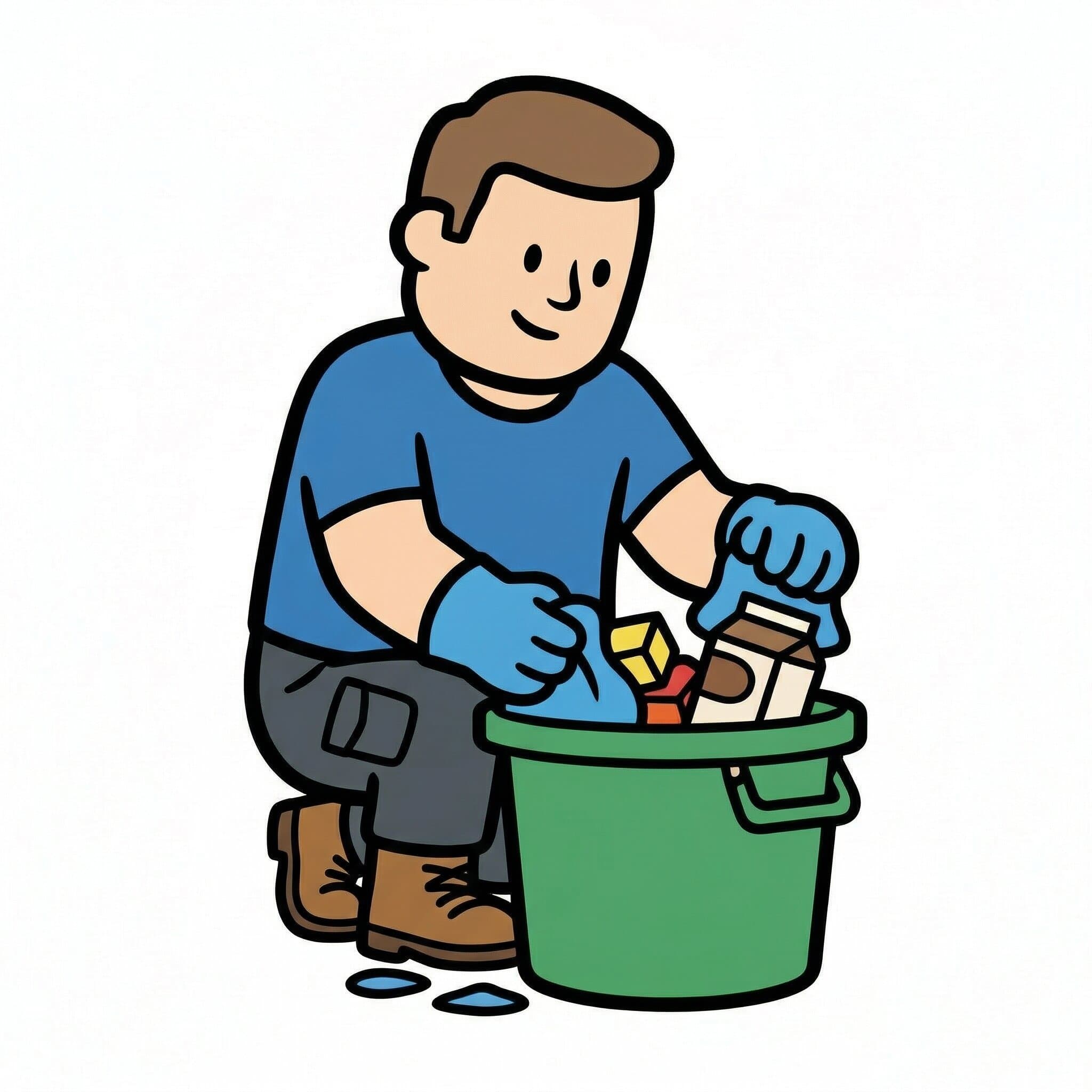 A man putting various items into a green bucket.