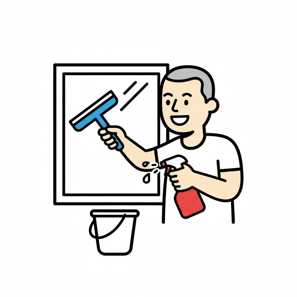 An illustration of a man with gray hair using a squeegee to clean a window. He holds a spray bottle in his other hand, with cleaning liquid spraying out. A bucket sits below the window.