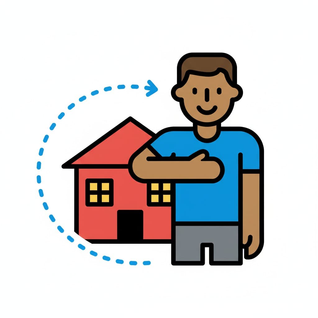 En smilende mann står foran et hus med en stiplet, buet pil som indikerer bevegelse mot huset.