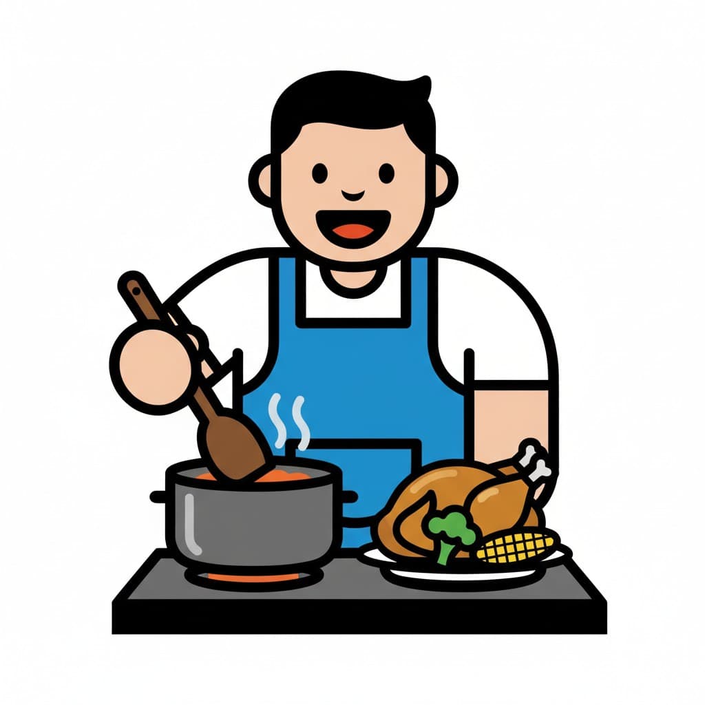 A happy person wearing an apron stands at a stove, stirring a pot with a wooden spoon. Next to it is a plate with a whole cooked chicken, broccoli, and corn on the cob.