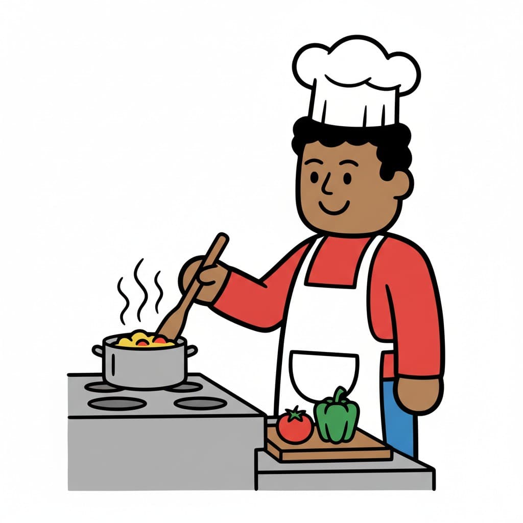 En man i kockmössa och förkläde rör om mat i en kastrull på en spis. Det ligger en tomat och paprika på en skärbräda bredvid spisen.