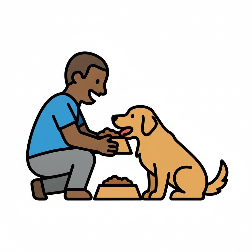 In der Hocke füllt ein Mann im blauen T-Shirt Futter in einen Napf, während ein hellbrauner Hund daneben wartet.