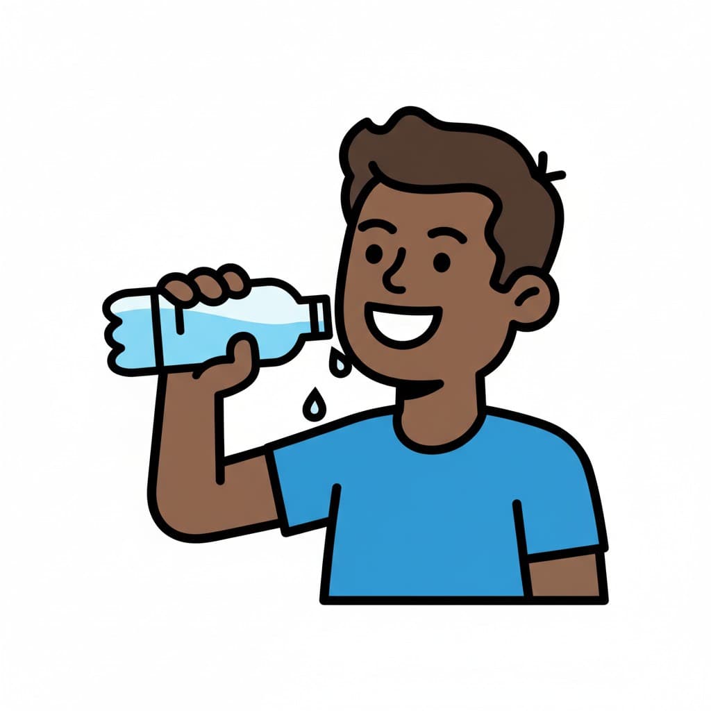 En man dricker vatten från en flaska, med några vattendroppar som faller.