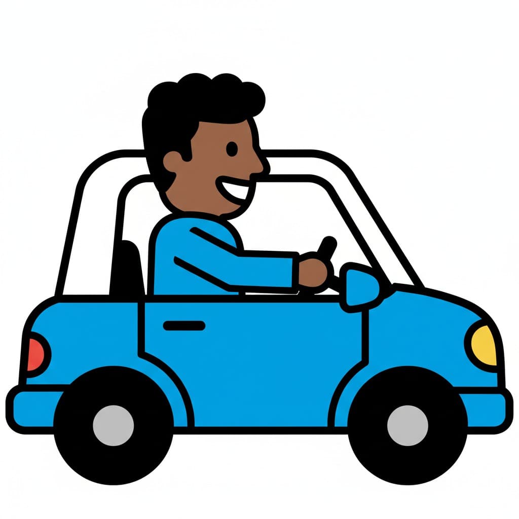 En mann i en blå bil holder rattet og smiler.