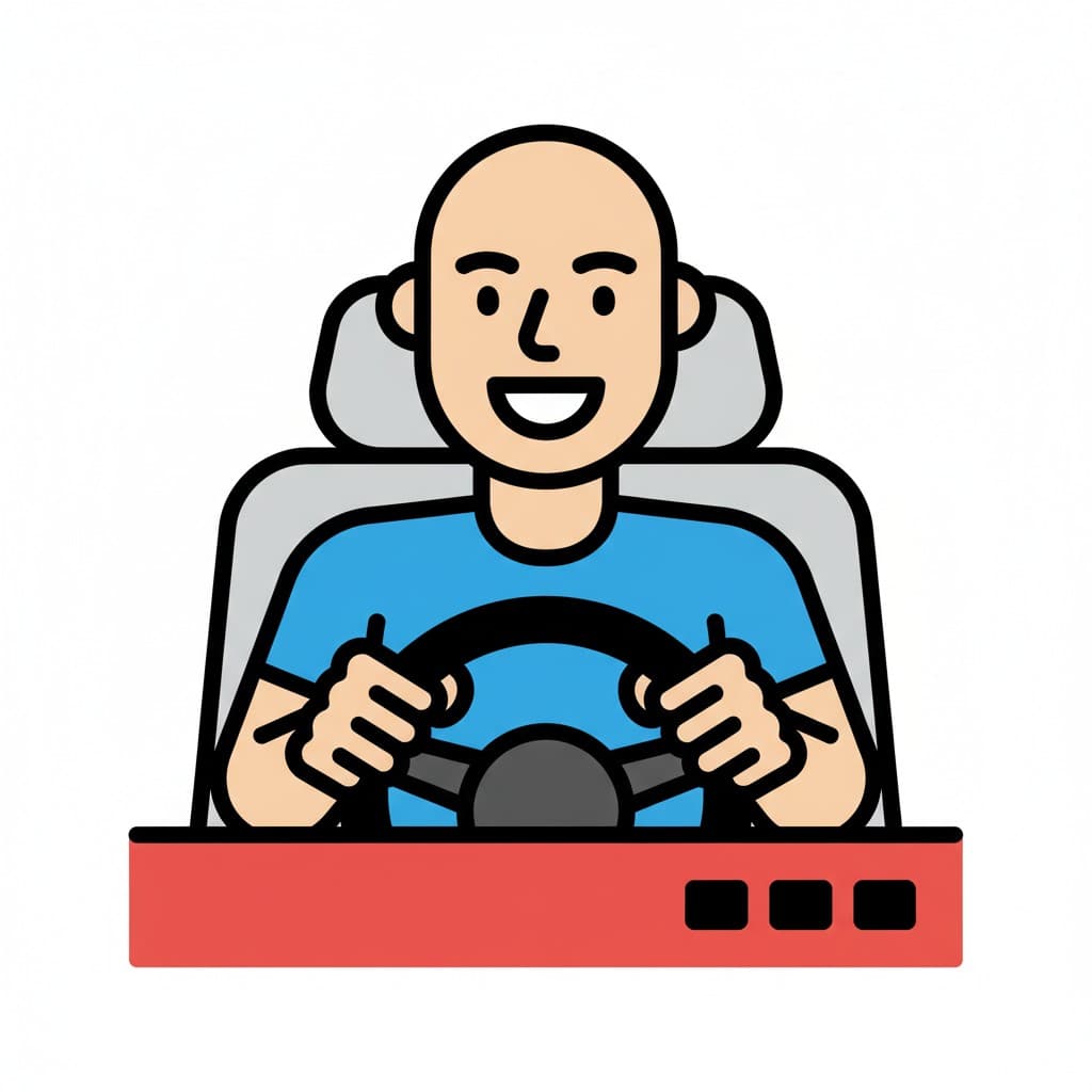 A man is sitting in a car, holding the steering wheel, ready to drive.