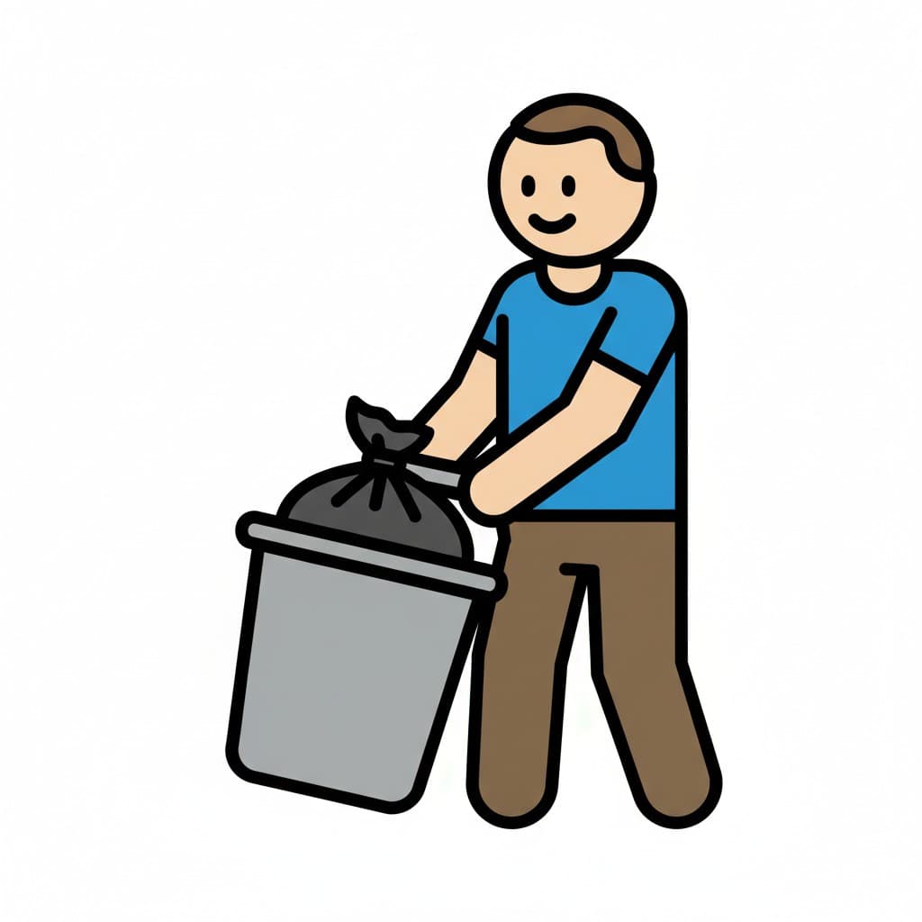 En man i blå t-shirt sänker ner en knuten svart sopsäck i en grå soptunna.