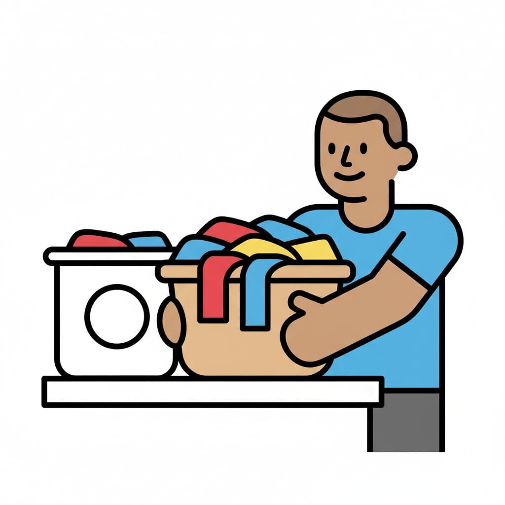 A man holding a basket of laundry next to a washing machine.
