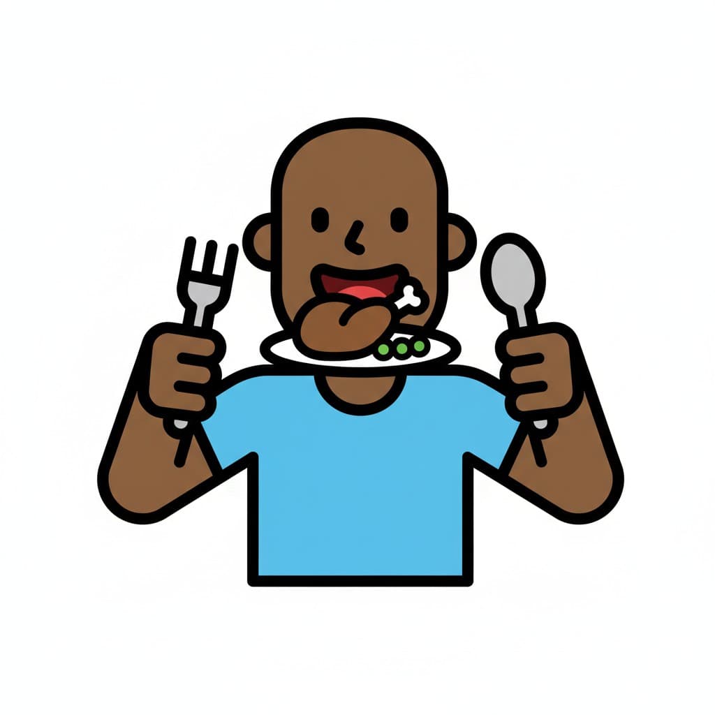 En person håller en gaffel och sked, med en tallrik mat framför munnen.