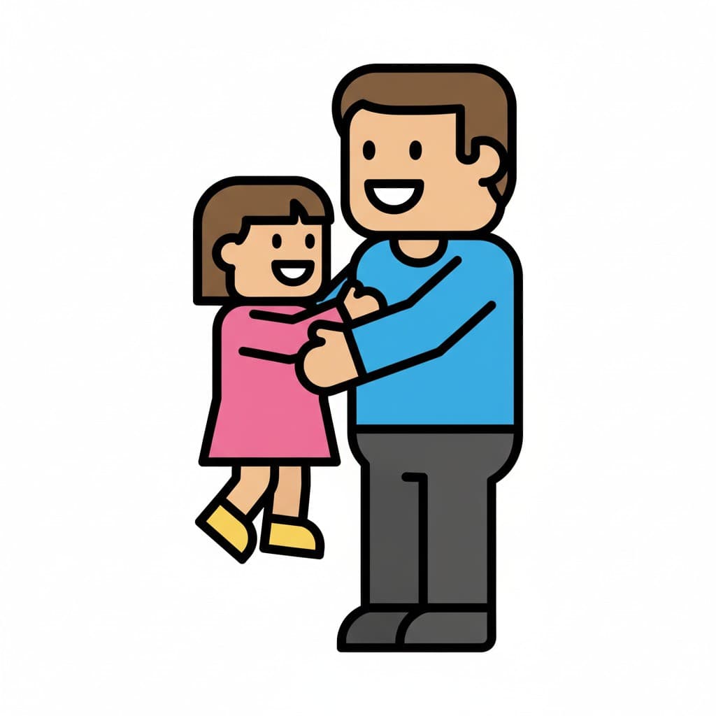 Illustration of a man smiling and embracing a small child, who is also smiling.