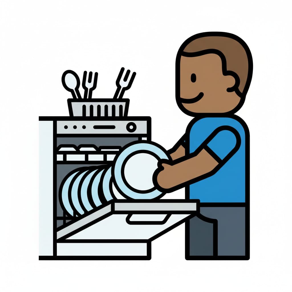 An illustration of a man emptying a dishwasher, taking out a plate.