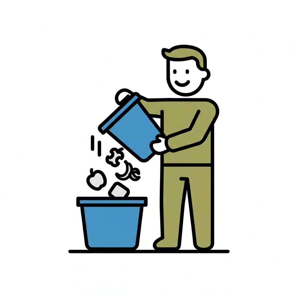 An illustration of a man emptying a small blue trash can into a larger one.