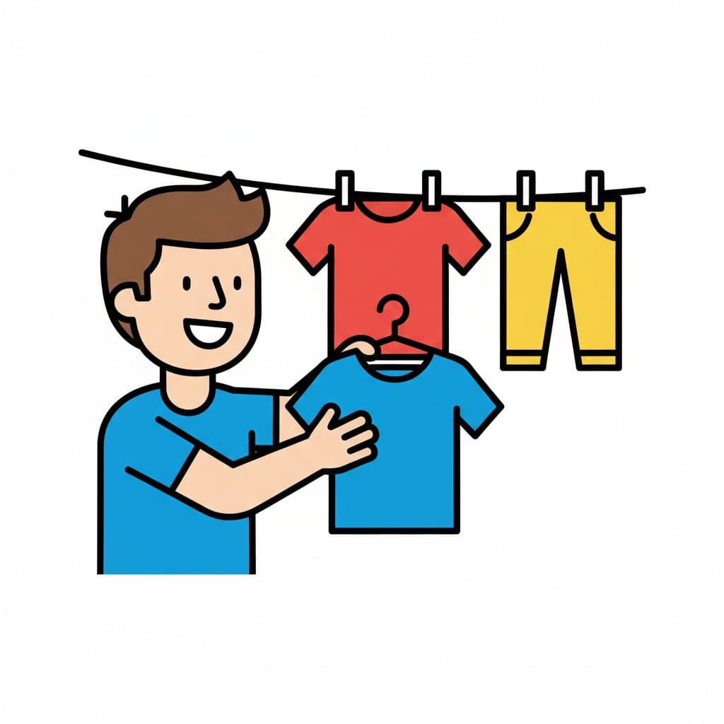 A man hangs a blue T-shirt on a hanger by a clothesline where a red T-shirt and yellow trousers already hang.