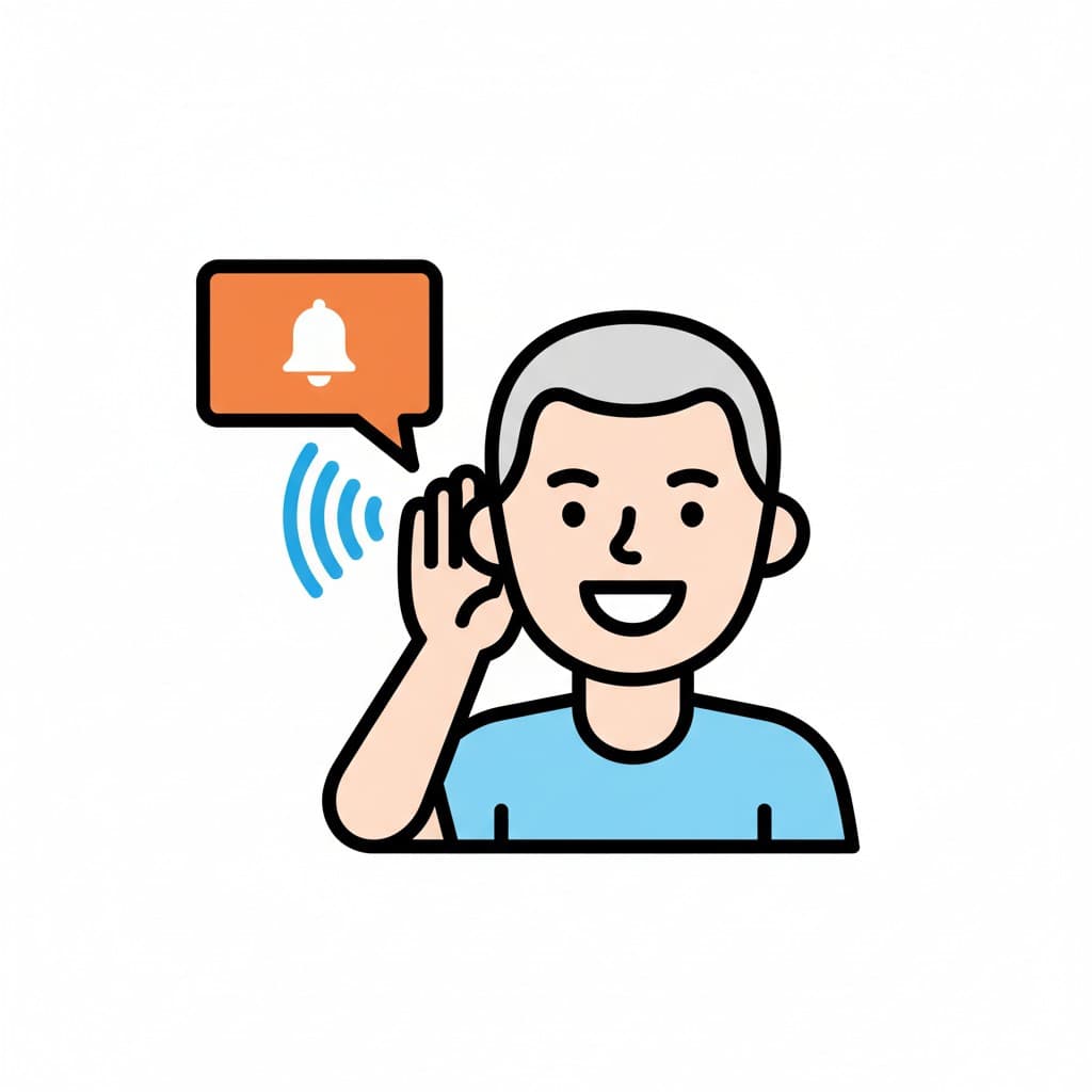 En person med handen bakom örat, som lyssnar. Ett ljudvågssymbol och en röd meddelandeklocka visas i en pratbubbla.