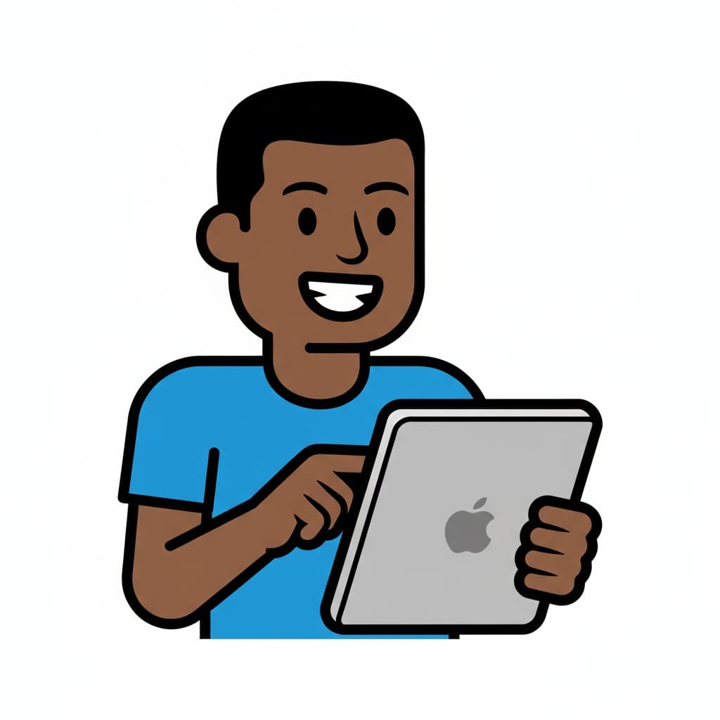 A smiling man in a blue t-shirt holds a tablet in one hand and points at it.