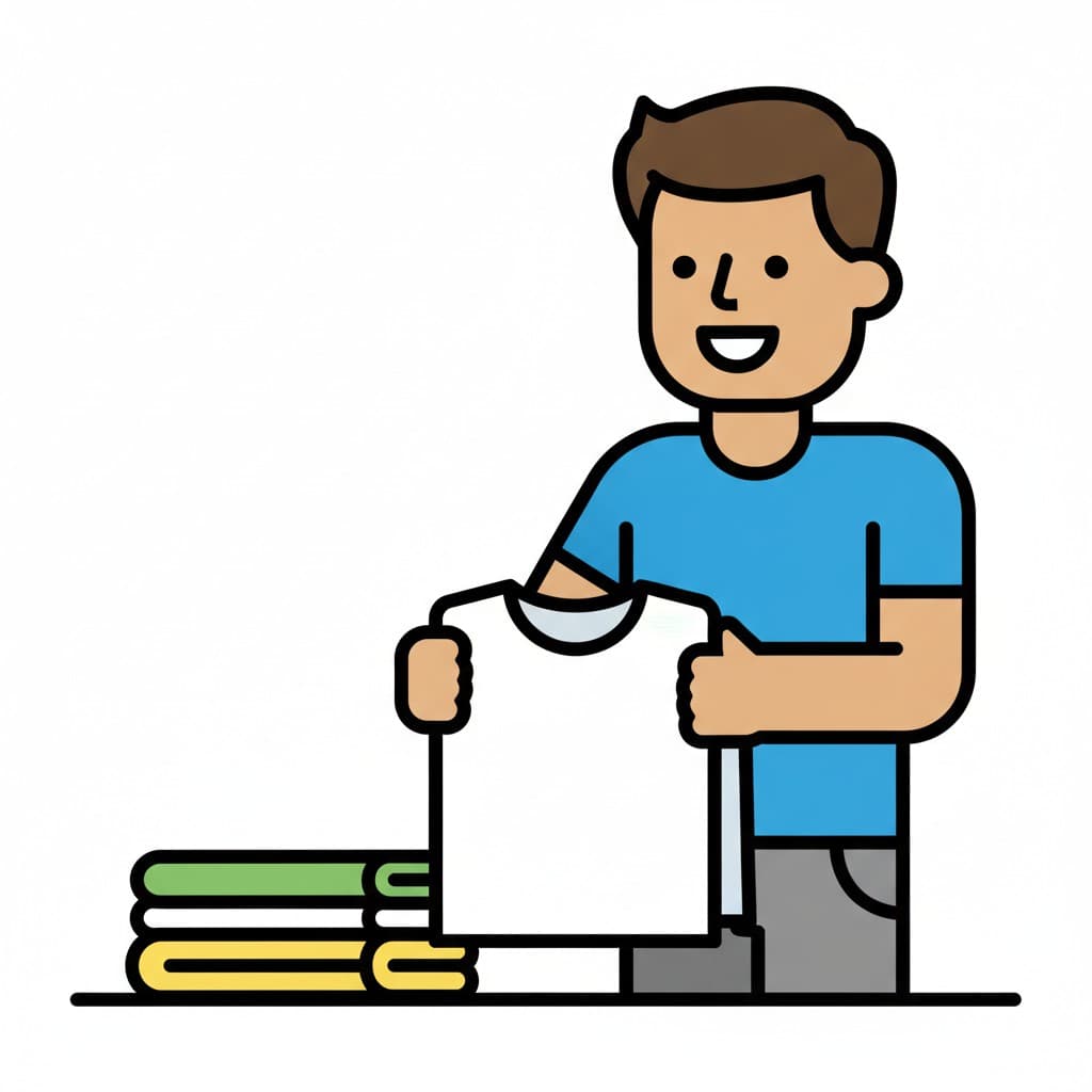 En smilende mand i blå t-shirt holder en hvid t-shirt op, mens foldet tøj ligger i en stak ved siden af ham.