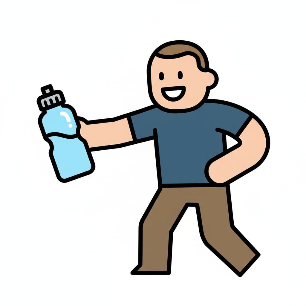 En person går och håller en blå vattenflaska fylld med vatten.