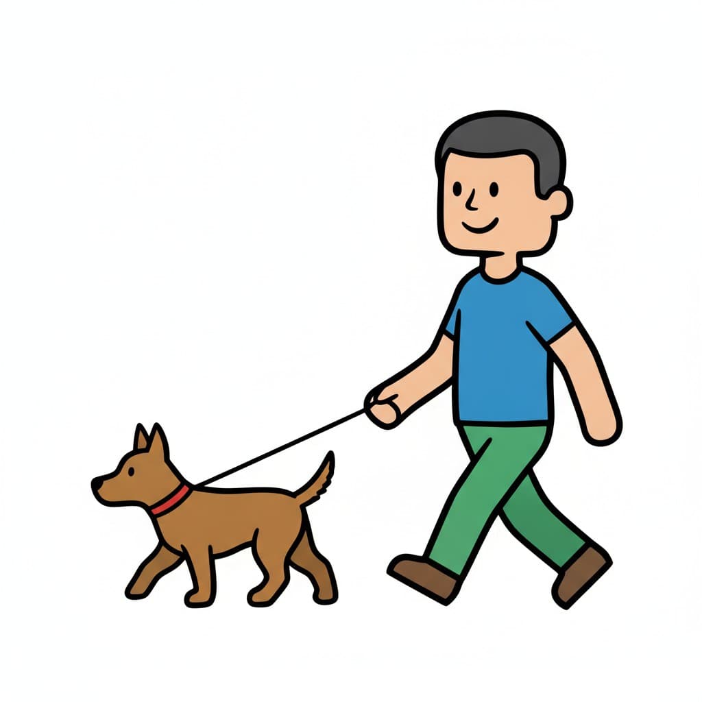 En man i blå t-shirt och gröna byxor går med sin hund i koppel framför sig.