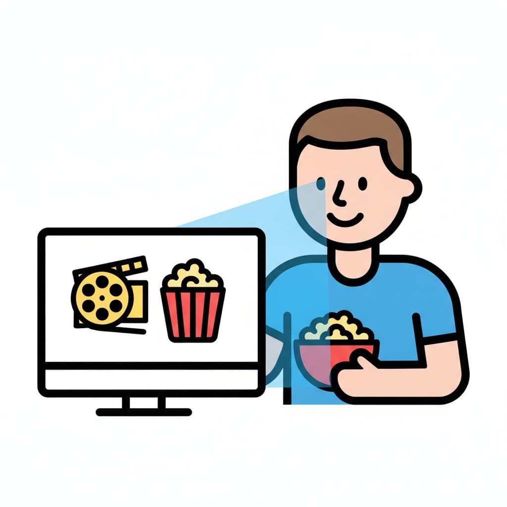 Light from a television showing a film reel and a popcorn box falls across a man holding a bowl of popcorn.