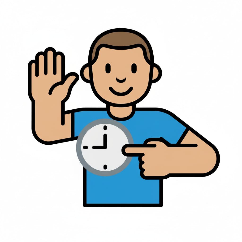 En person i en blå t-shirt håller upp en hand som ett stopptecken och pekar på en klocka med minutvisare på magen.