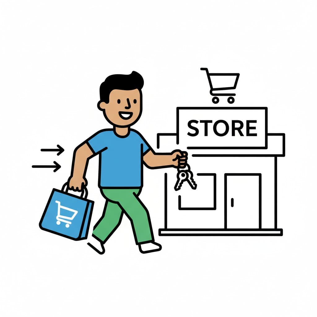 En person går væk fra en butik, holder en blå indkøbspose med et kurv-ikon og et sæt nøgler.