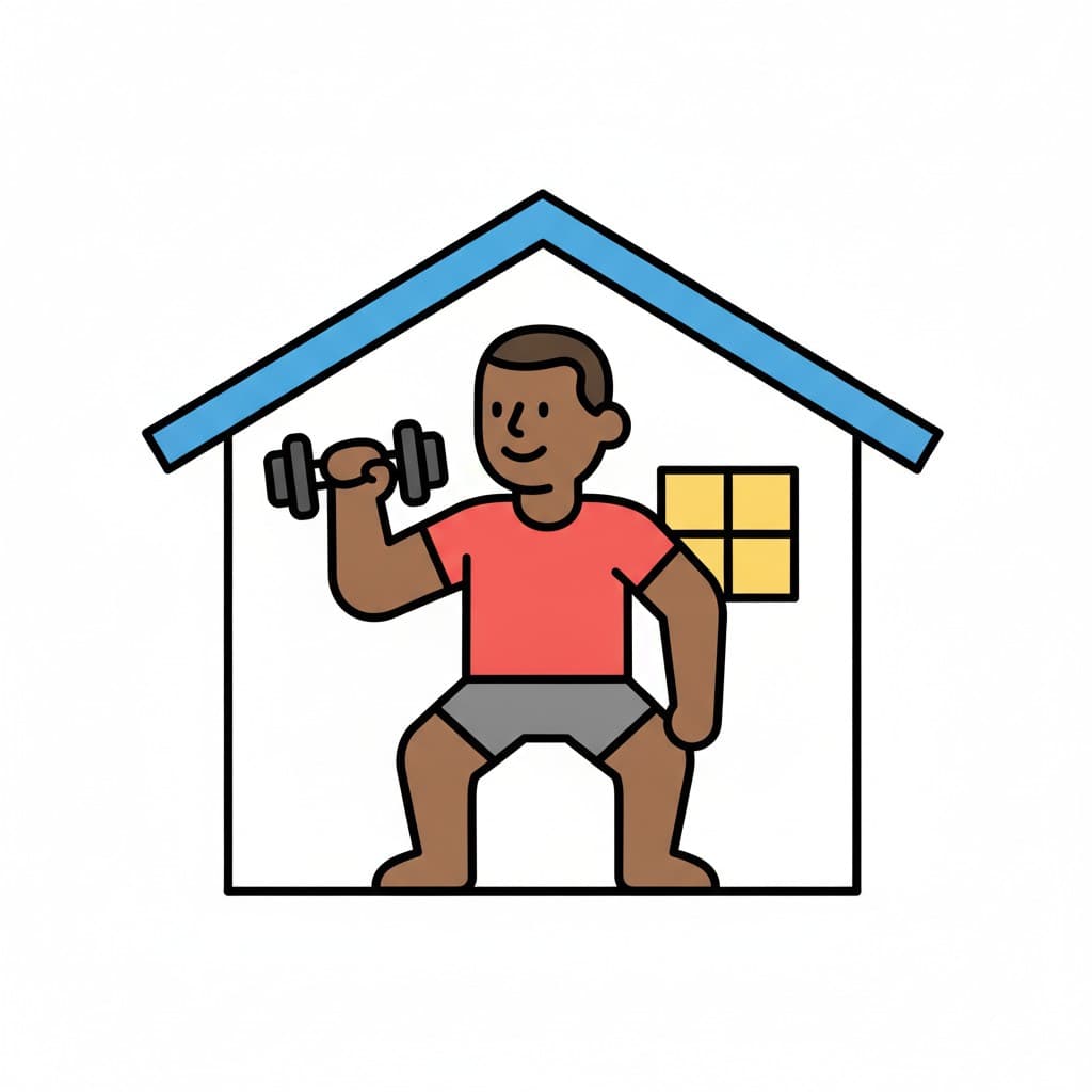A man in a red t-shirt lifts a dumbbell inside a house.