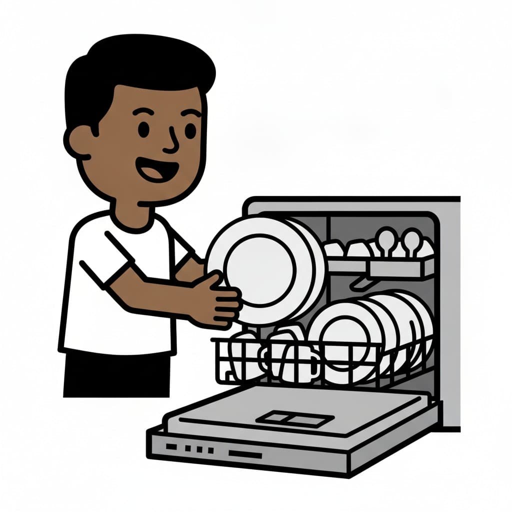 A smiling man lifts a clean plate out of an open dishwasher filled with dishes.