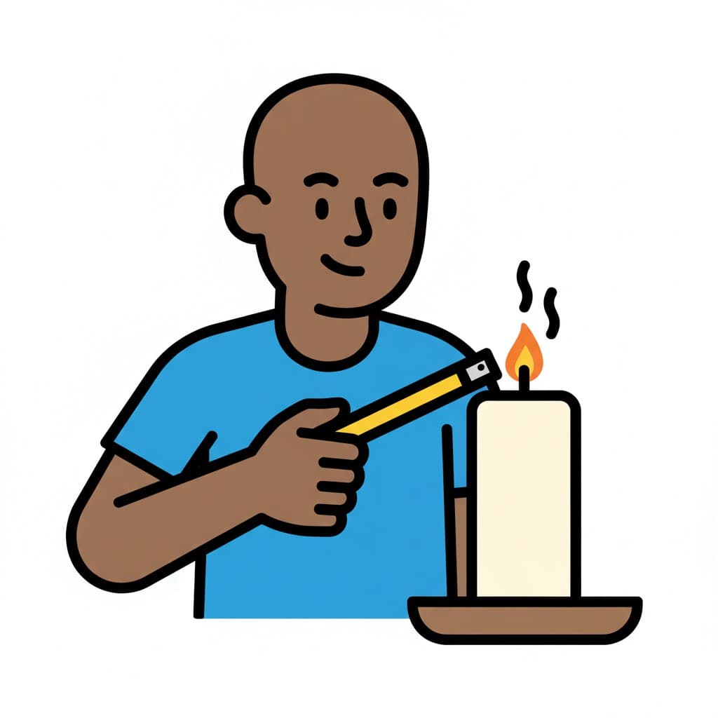 En person håller en lång tändare och tänder ett vitt ljus på ett litet fat.