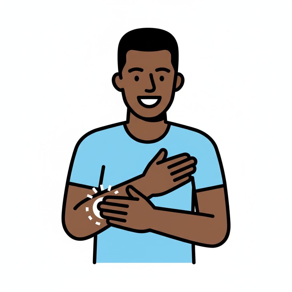 A smiling person applies lotion to their arm, with white circles indicating the cream being rubbed in.