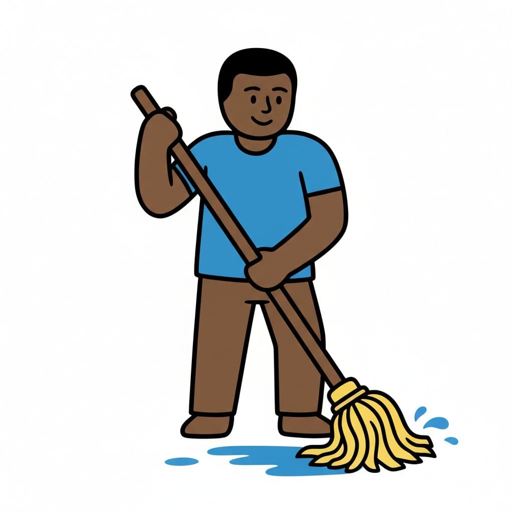 A man in a blue t-shirt and brown pants mops a floor. There is water on the floor under the mop.
