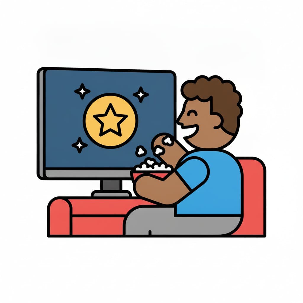 On a red sofa, a man eats popcorn while a glowing yellow star fills the television screen.