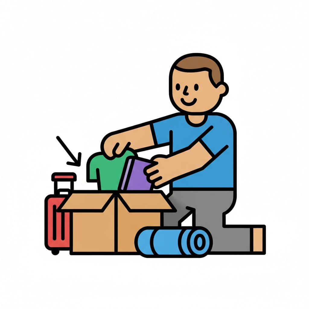 En person knäböjer och packar kläder och föremål i en kartonglåda. En röd resväska och en rullad matta finns i närheten.