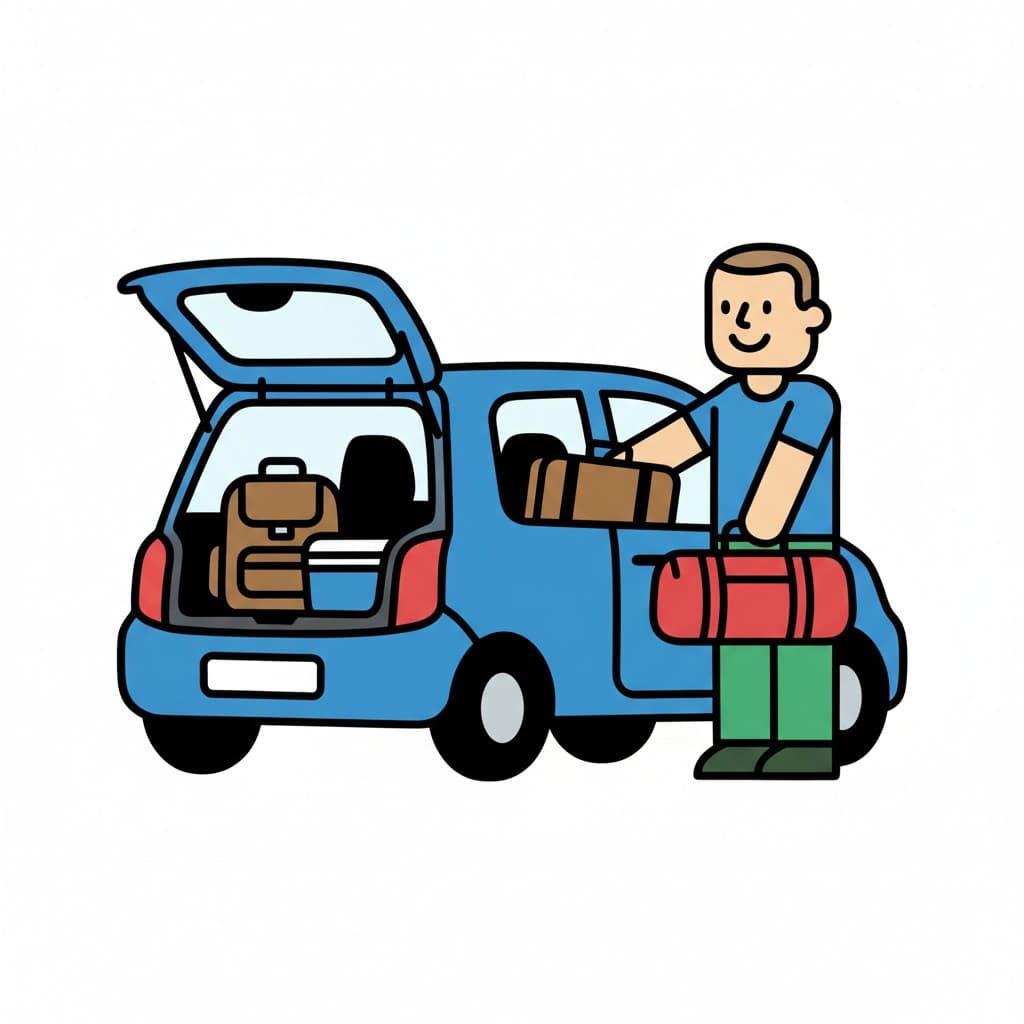 Mies pakkaa laukkuja ja makuupussin sinisen auton tavaratilaan.