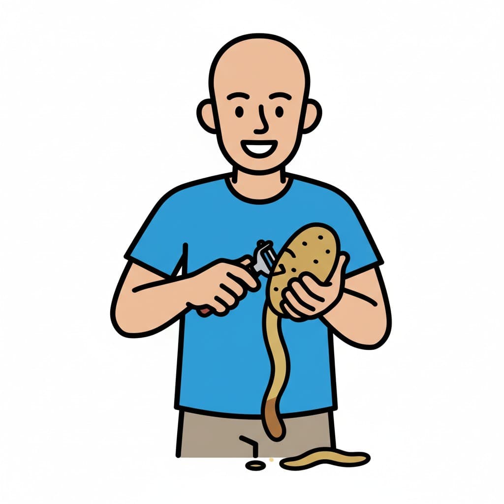 En leende person i en blå skjorta skalar en potatis med en potatisskalare. Potatisskal faller ner på marken.