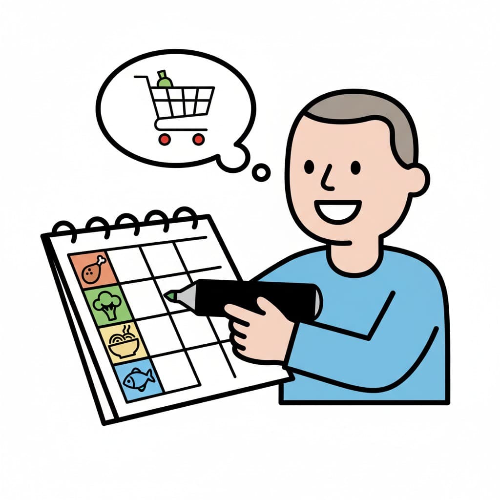 A person planning meals on a calendar with a pen, with a thought bubble showing a shopping cart.