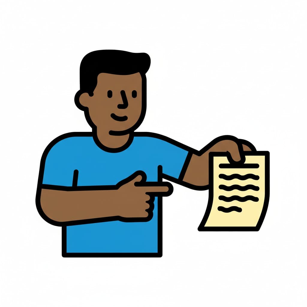 A person points at a yellow note they are holding in their hand.