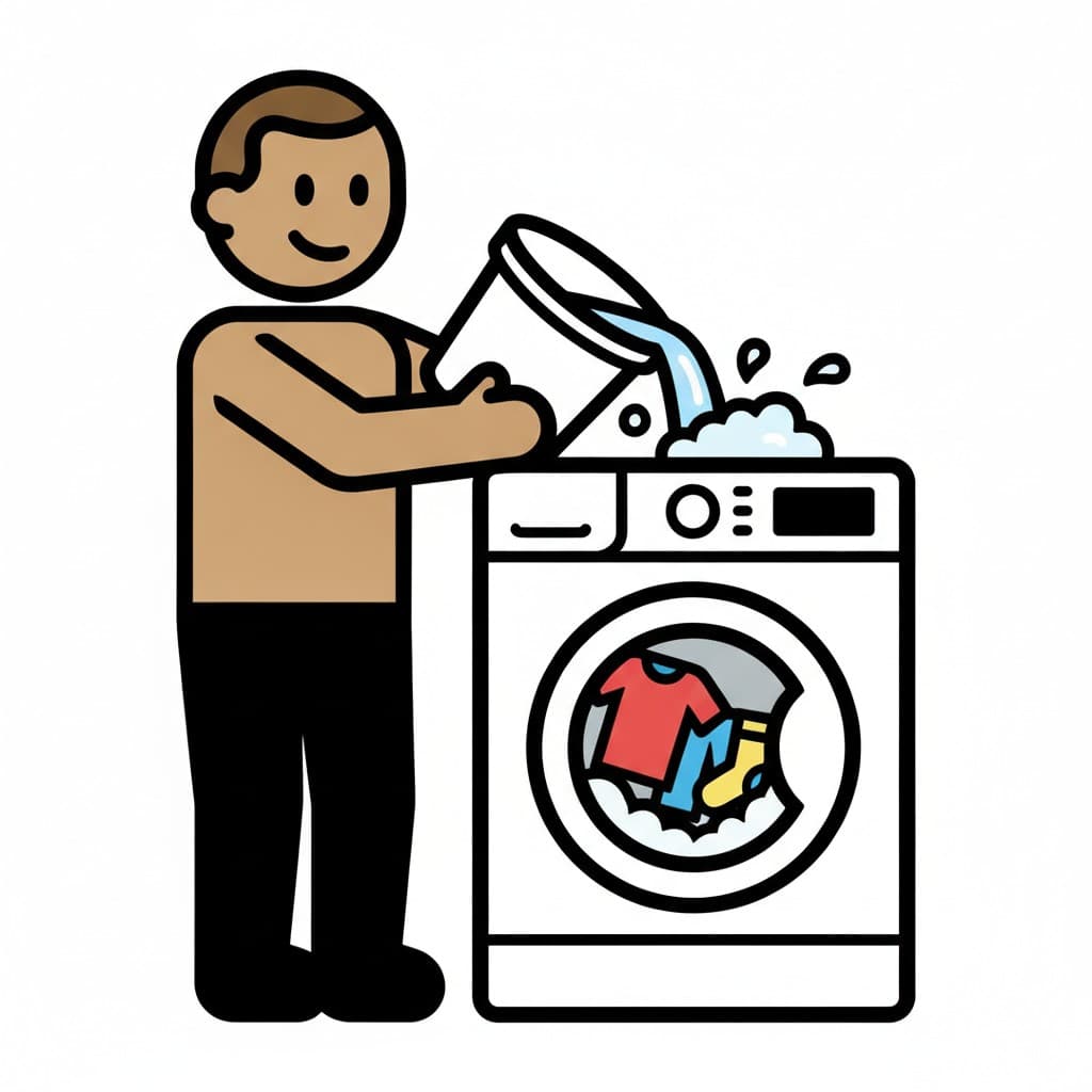 Aus einem Messbecher gießt ein Mann flüssiges Waschmittel in die Waschmaschine, in deren Trommel ein rotes T-Shirt und Socken liegen.