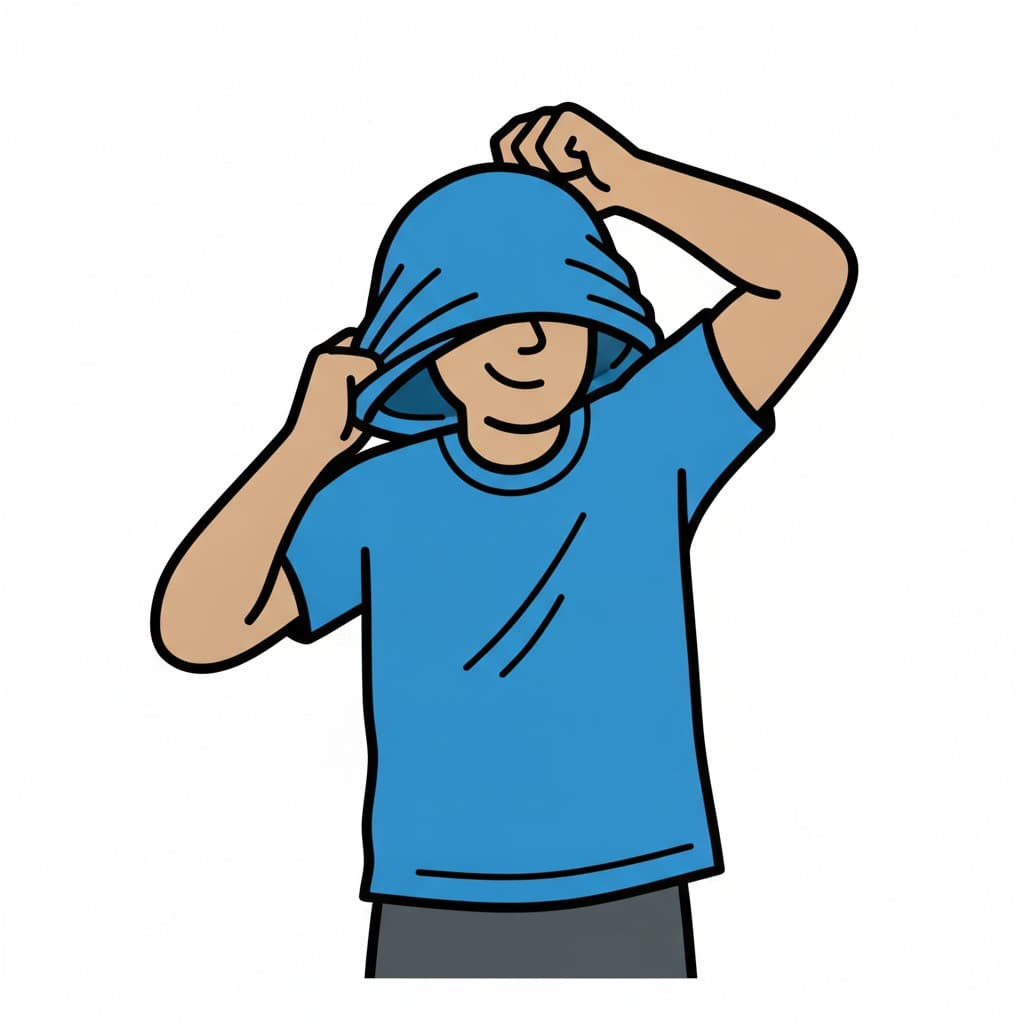 Ein Mann hält sein blaues T-Shirt mit beiden Händen und zieht es über den Kopf.