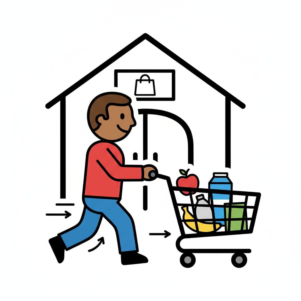 En person skubber en indkøbsvogn fyldt med et æble, mælk, bananer og andre dagligvarer mod indgangen til en butik.