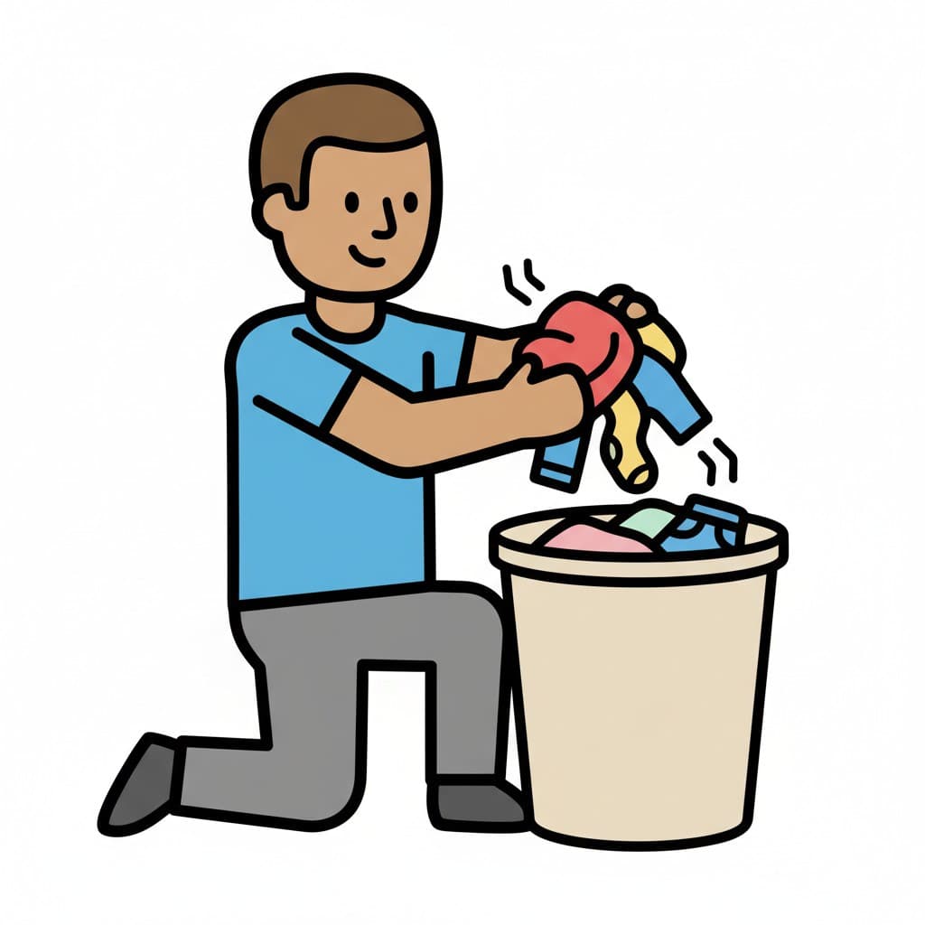 Mies polvistuu ja laittaa vaatteita pyykkikoriin.