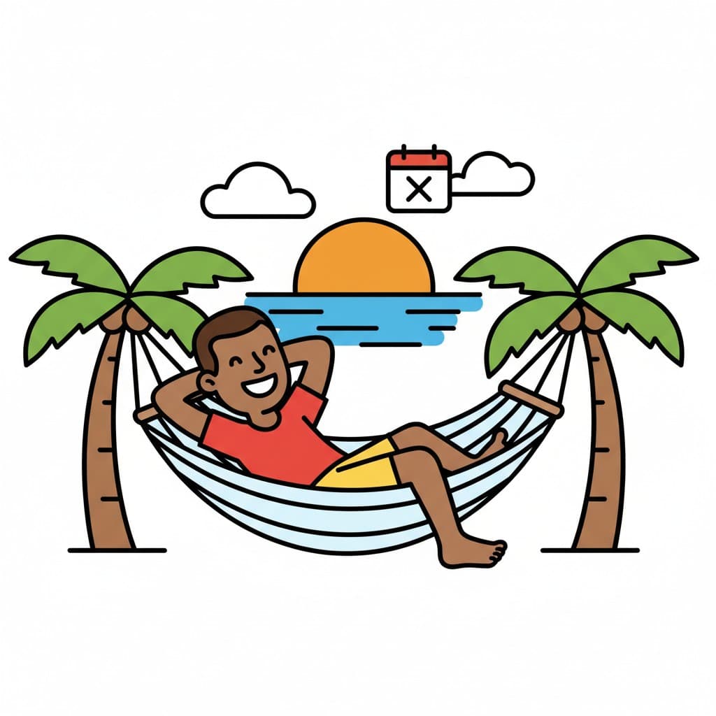 A man is smiling and relaxing in a hammock strung between two palm trees, with a sunset over the water and a calendar with an 'X' indicating a day off in the background.