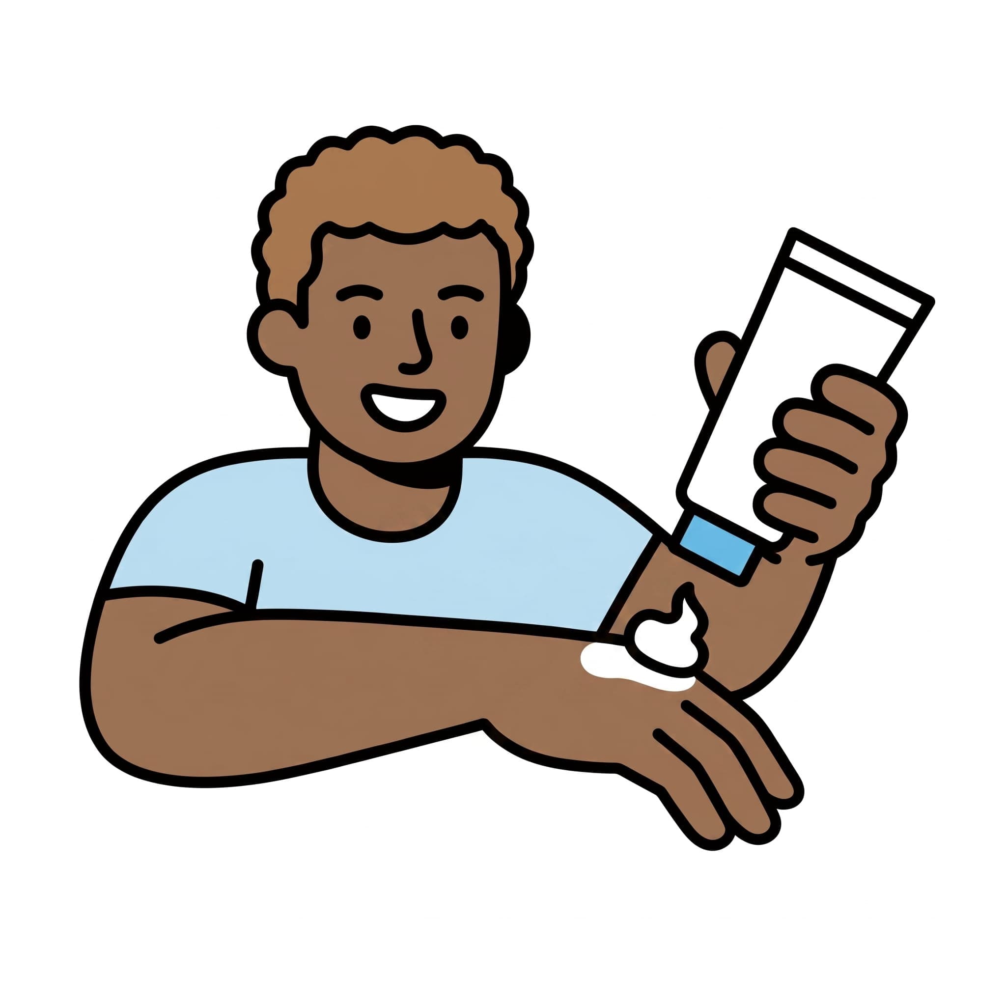 Mit der Tube in einer Hand verteilt ein Mann Creme auf seinem Unterarm.