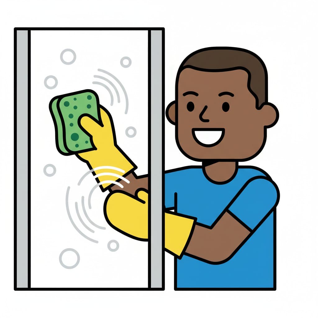 En person med gula handskar skrubbar en duschdörr med en grön svamp.