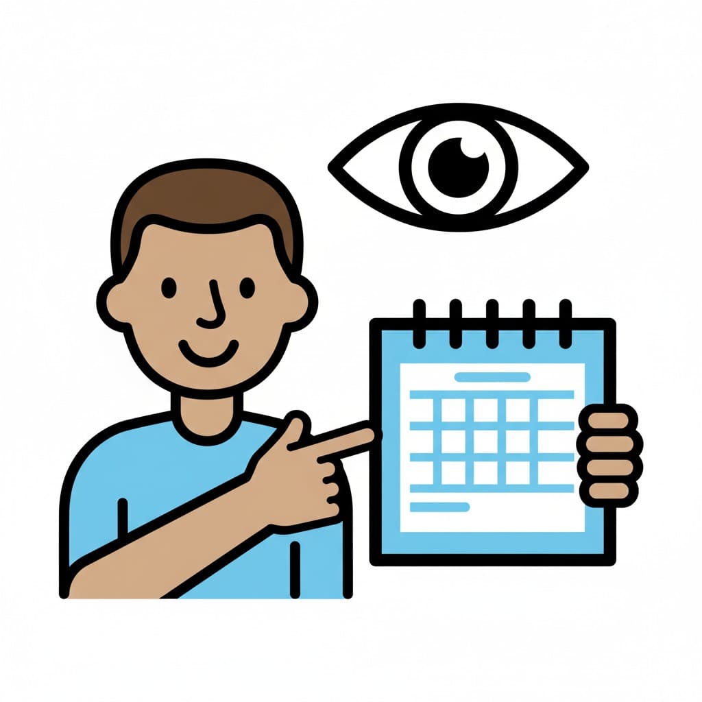 A cartoon illustration of a person pointing at a schedule next to an eye icon.